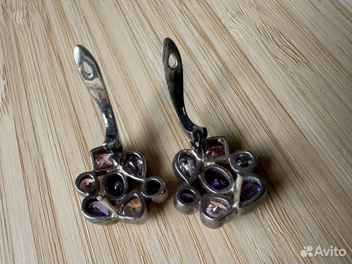 Комплект серебряные серьги и кольцо с камнями