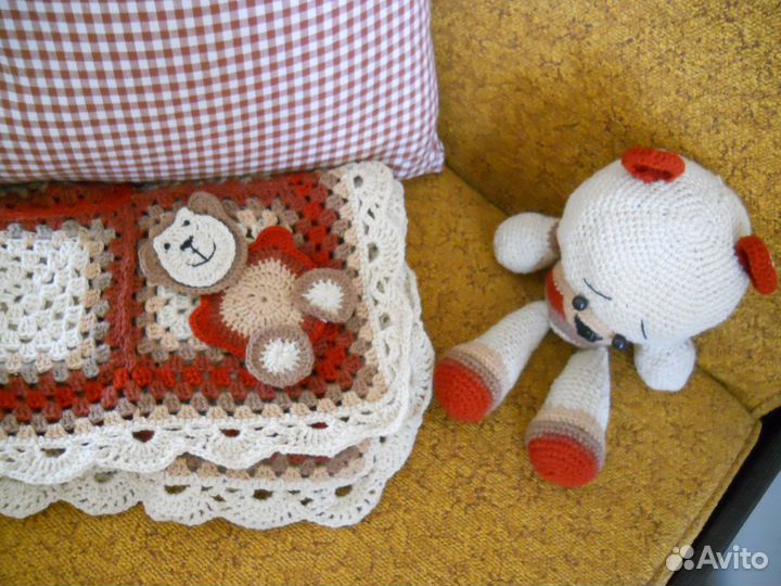 Детский вязаный плед с мишкой, комплект