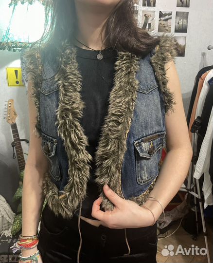 Жилетка джинсовая + меховая y2k