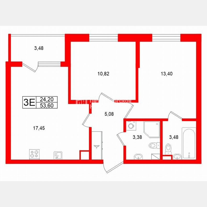 2-к. квартира, 53,6 м², 4/5 эт.