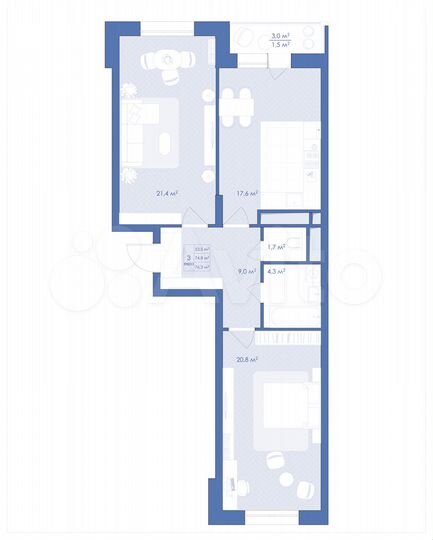 3-к. квартира, 76,3 м², 9/21 эт.