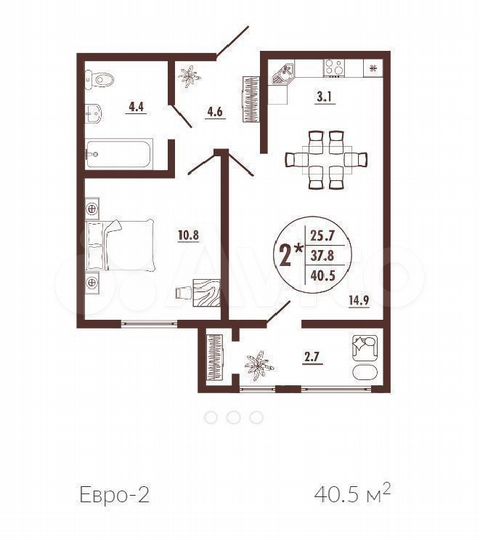 2-к. квартира, 40,5 м², 6/17 эт.