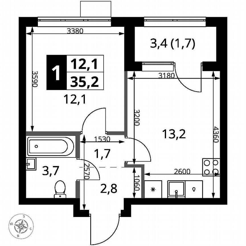 1-к. квартира, 35,2 м², 9/16 эт.