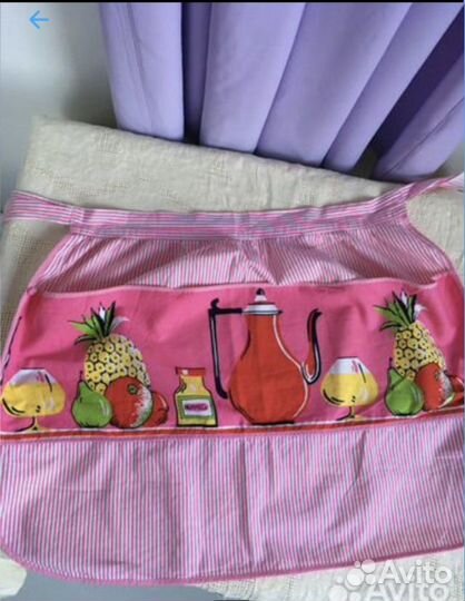 Винтажный розовый фартук с карманами СССР хлопок