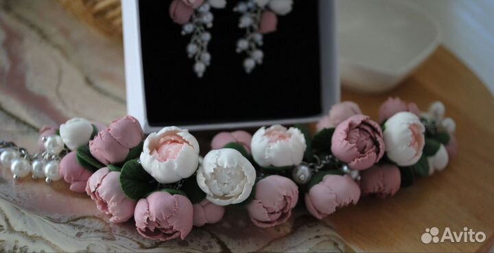 Браслет и серьги с пионами,на заказ