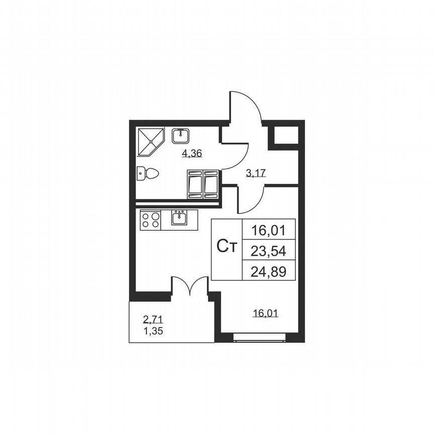 Квартира-студия, 24,9 м², 15/19 эт.