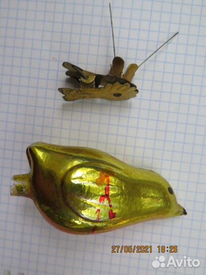 Елочная игрушка. Снегирь. Прищепка. СССР. Стекло