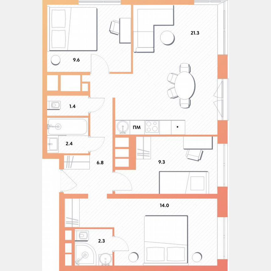 3-к. квартира, 67,1 м², 22/30 эт.
