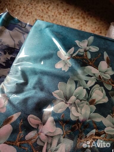 Шелковый шарф bysifa 160х70см, цветы на голубом