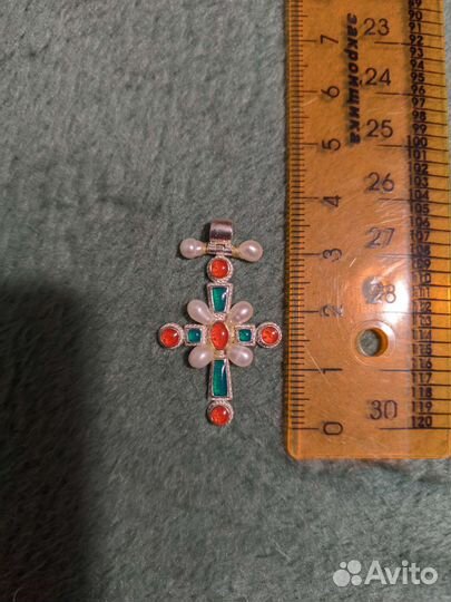 Серебряный крестик 925 с эмалями и жемчугом
