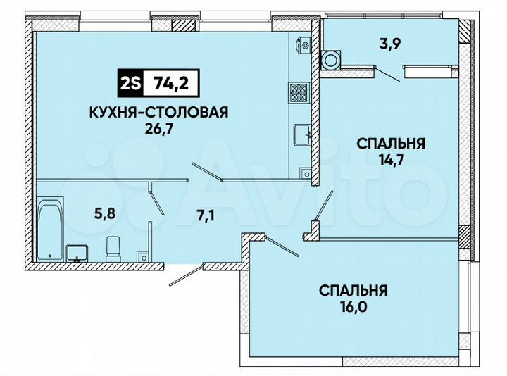 2-к. квартира, 74 м², 2/16 эт.