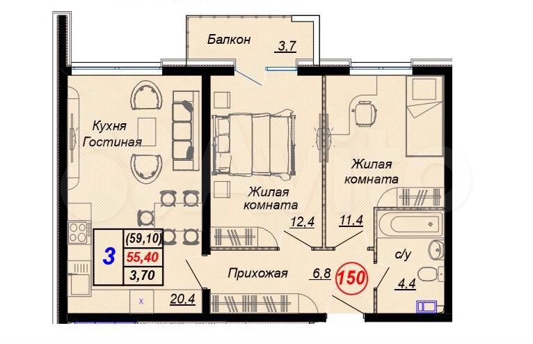 3-к. квартира, 59,1 м², 10/15 эт.