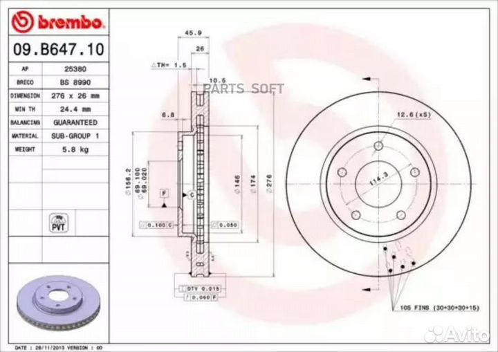 Brembo 09.B647.10 Диск тормозной передн, mitsubishi: lancer sportback 08, lancer 07