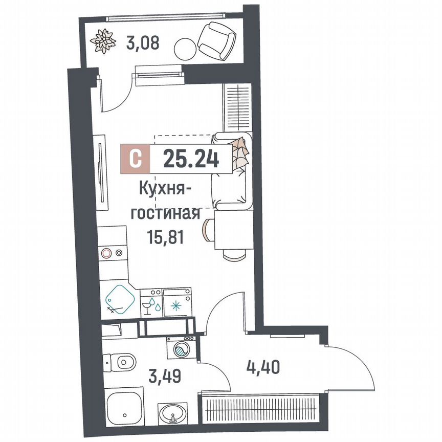 Квартира-студия, 25,2 м², 16/18 эт.