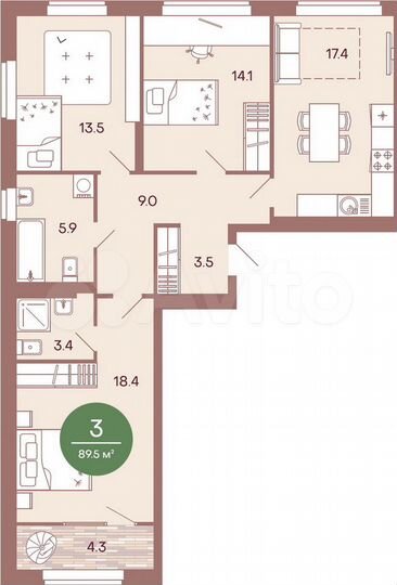 3-к. квартира, 89,5 м², 6/17 эт.