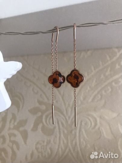 Серьги клевер продевки Янтарь серебро позолота