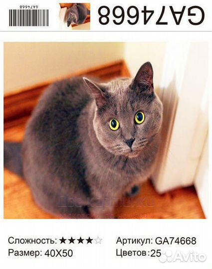 Алмазная мозаика 40x50 Серая кошечка с желтыми гла