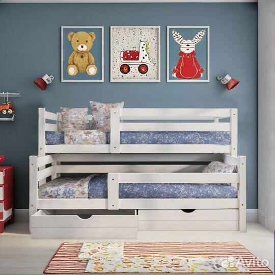 Кровать для 2-х детей из березы белый