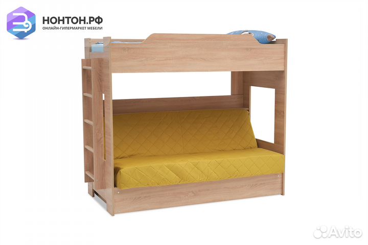 Двухъярусная кровать с диван-кроватью велюр желтый