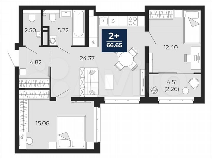 2-к. квартира, 66,7 м², 2/21 эт.