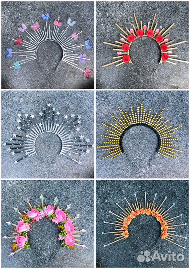 Короны и ободки с лучами, украшения на голову