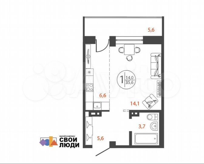 1-к. квартира, 35,6 м², 2/4 эт.