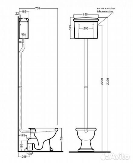 Унитаз с высокой трубой Kerasan Retro слив в пол, хром