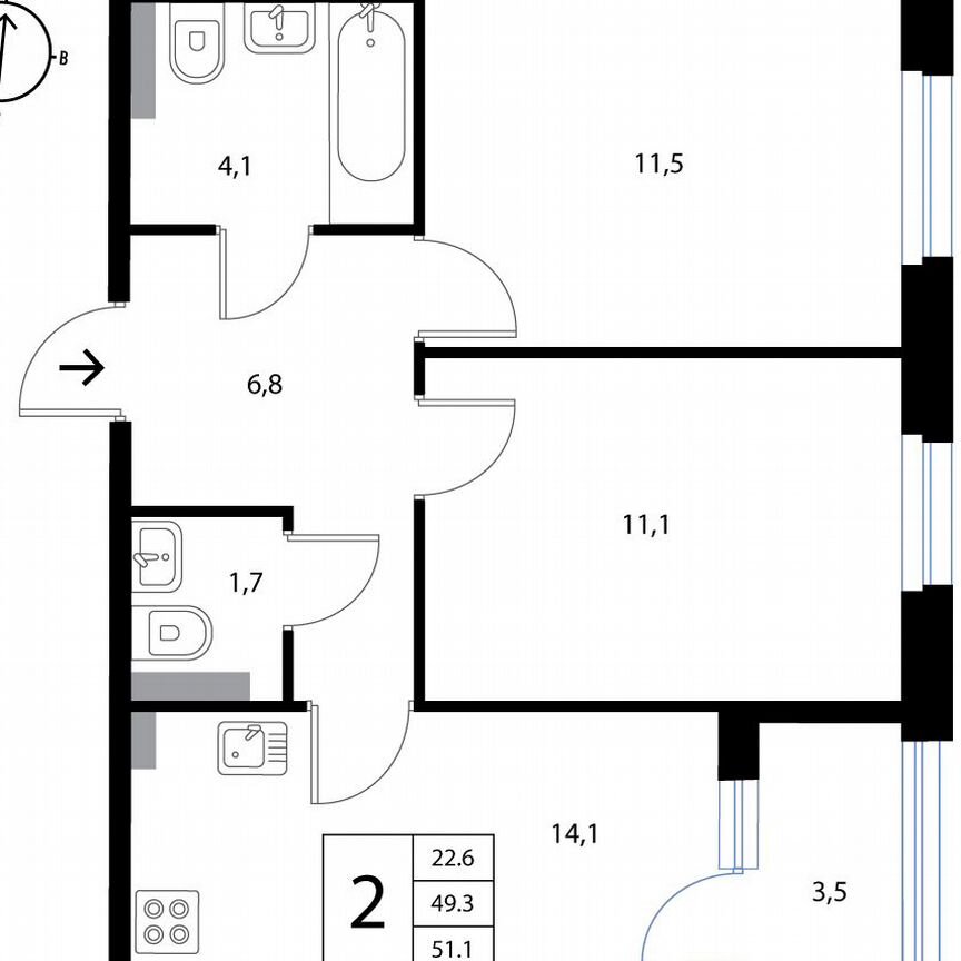 2-к. квартира, 51,1 м², 2/3 эт.