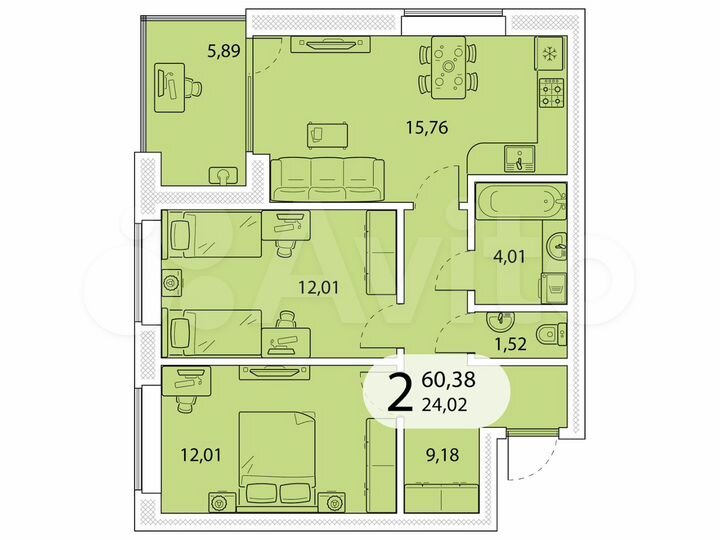 2-к. квартира, 60,4 м², 2/5 эт.