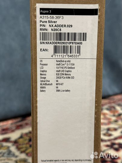Новый Acer Aspire 3 A315-58-36F3 i3/8Gb/256Gb