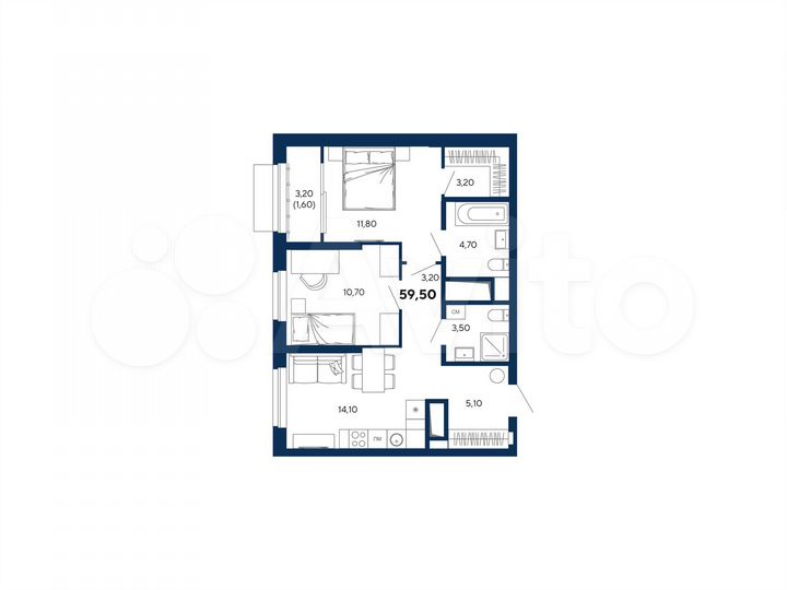 2-к. квартира, 59,5 м², 6/31 эт.