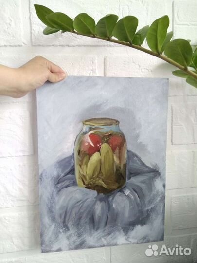 Картина маслом банка с огурцами, картина на кухню