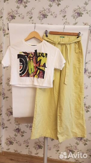 Льняные брюки Benetton и футболка Sisley, 11-12л