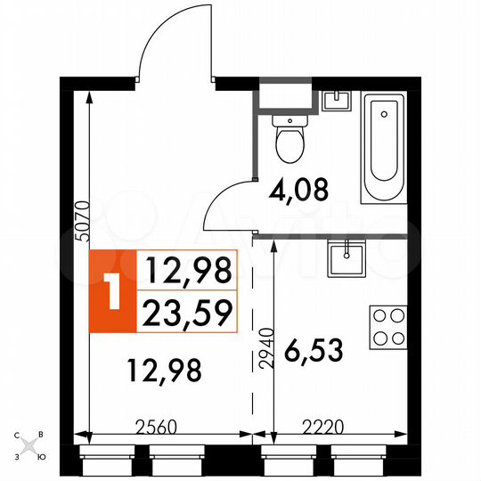 1-к. апартаменты, 23,6 м², 4/15 эт.