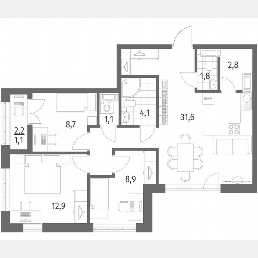 3-к. квартира, 72,8 м², 3/7 эт.