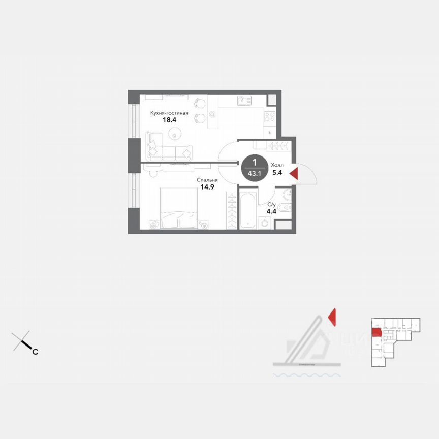 Своб. планировка, 44 м², 4/19 эт.