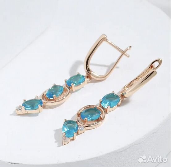 Длинные серьги с голубыми цирконами золото 585 RG