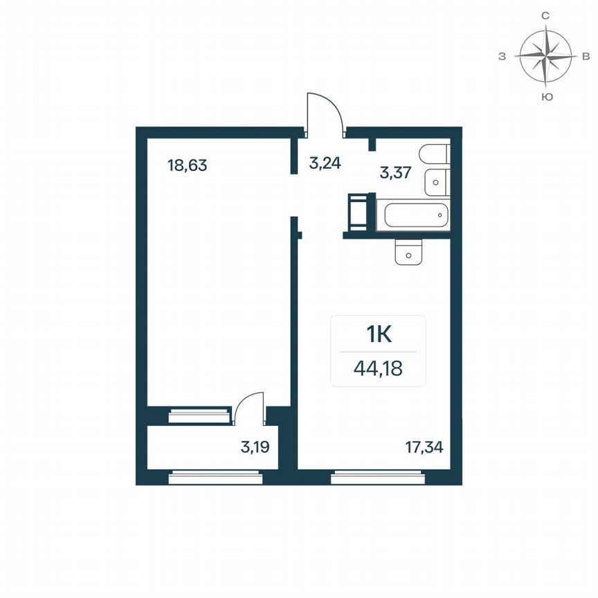 1-к. квартира, 44,4 м², 9/10 эт.