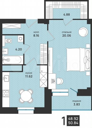 1-к. квартира, 50,8 м², 15/15 эт.