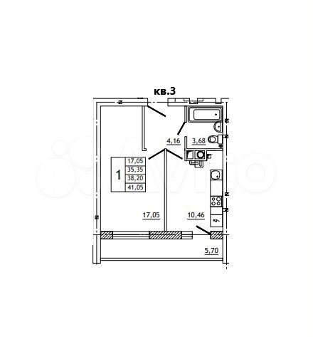 1-к. квартира, 41,2 м², 1/10 эт.