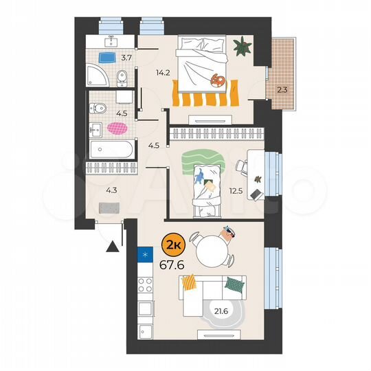 2-к. квартира, 67,6 м², 2/7 эт.