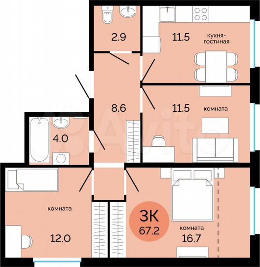 3-к. квартира, 67,2 м², 2/17 эт.