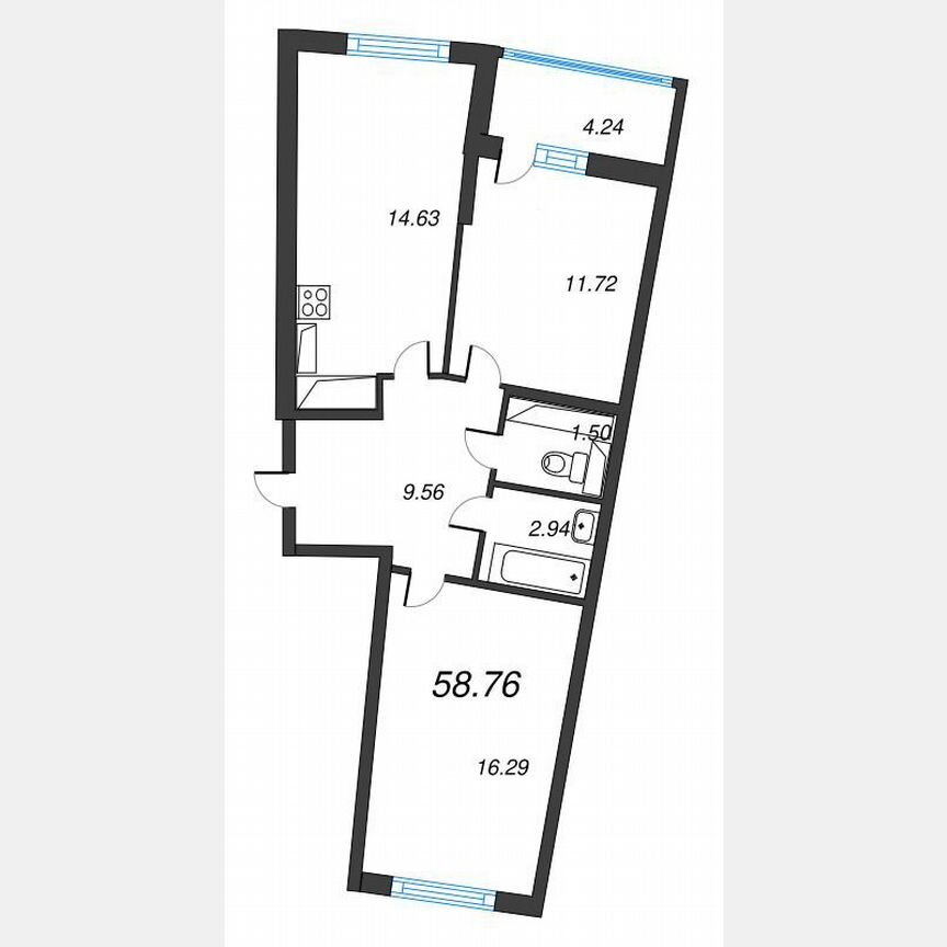 2-к. квартира, 60,9 м², 20/22 эт.