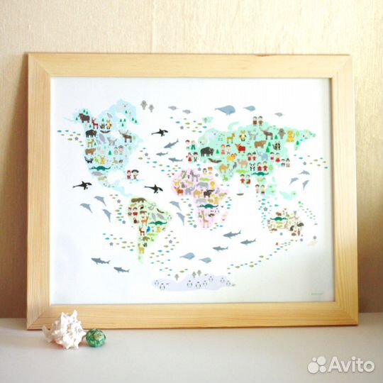 Детская карта мира с животными и людьми в рамке