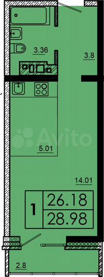 1-к. квартира, 29 м², 8/16 эт.
