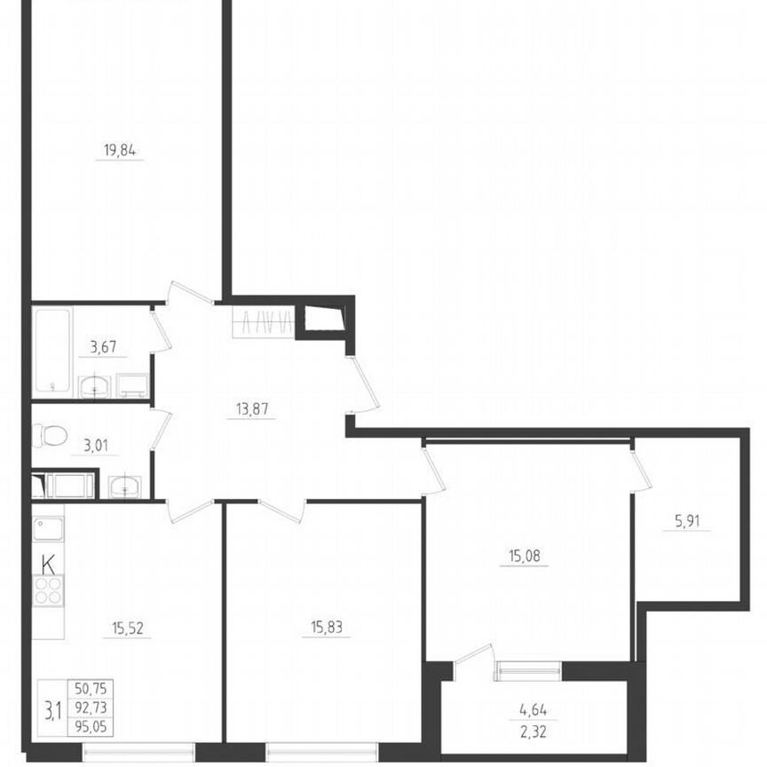 3-к. квартира, 92,7 м², 3/8 эт.