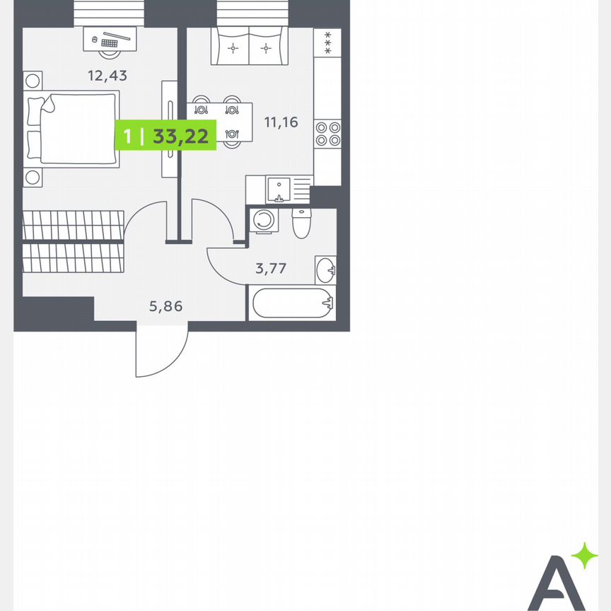 1-к. квартира, 32,7 м², 1/12 эт.