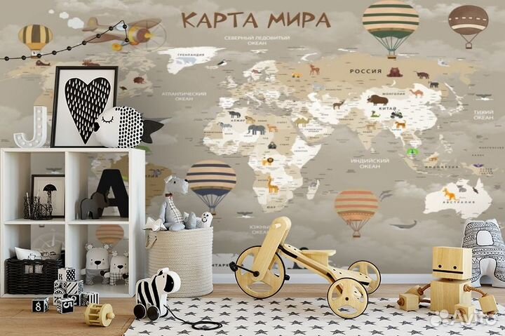 3D Фотообои «Карта мира для детской в серых тонах»