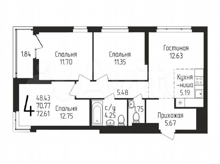 4-к. квартира, 72,6 м², 8/25 эт.