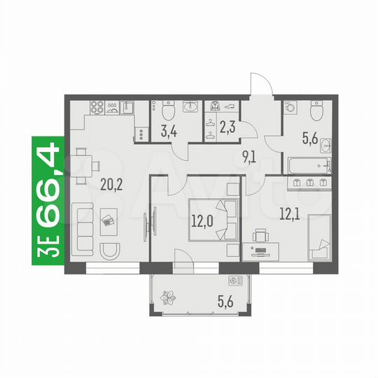 3-к. квартира, 66,4 м², 4/19 эт.